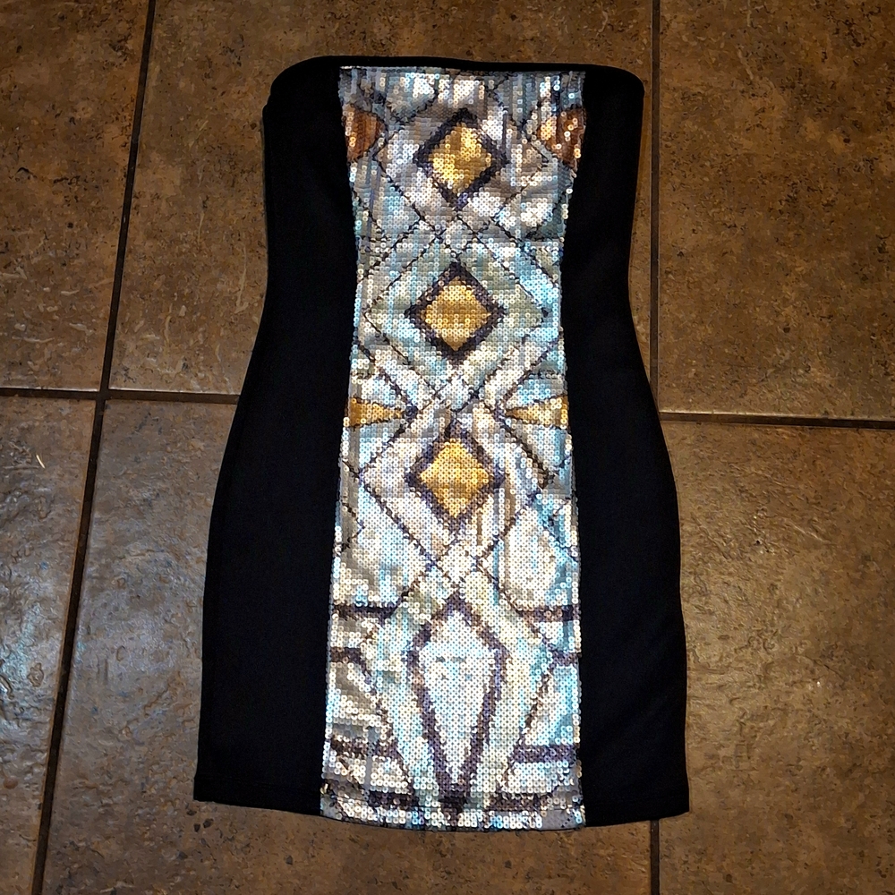 Black, Gold, and Silver Sequins Strapless Cocktail Dress